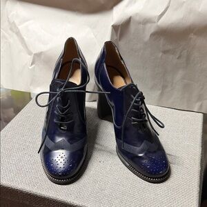 Salvatore Ferragamo Navy Blue Heeled Oxfords
